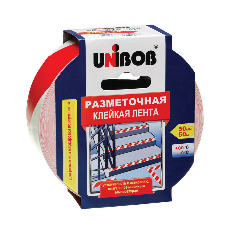 клейкая лента 50 мм х 50 м Unibob разметочная красно-белая 60885 клейкая лента 50 мм х 50 м Unibob разметочная красно-белая 60885